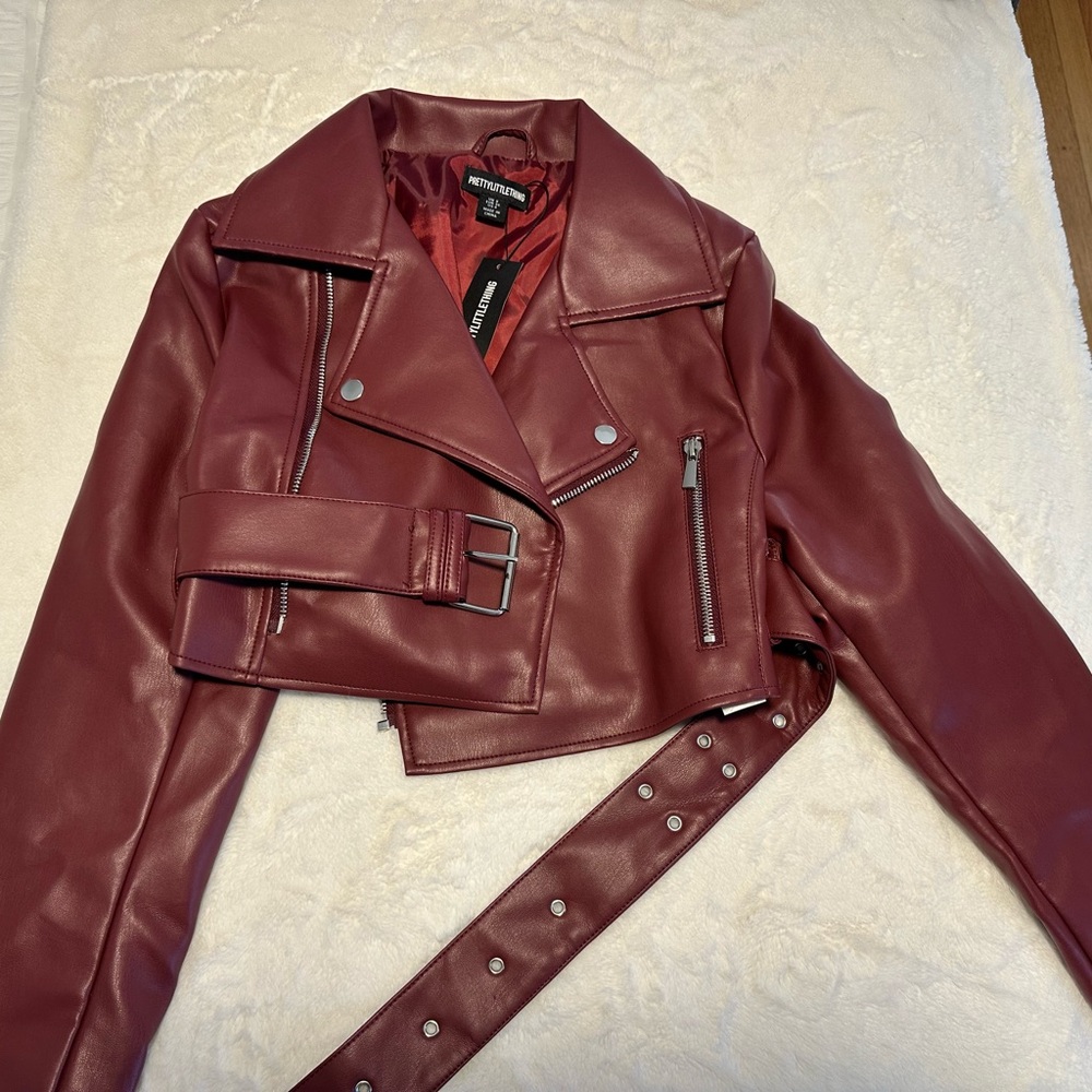 PrettyLittleThing Burgundy Faux Leather Cropped Biker Jacket